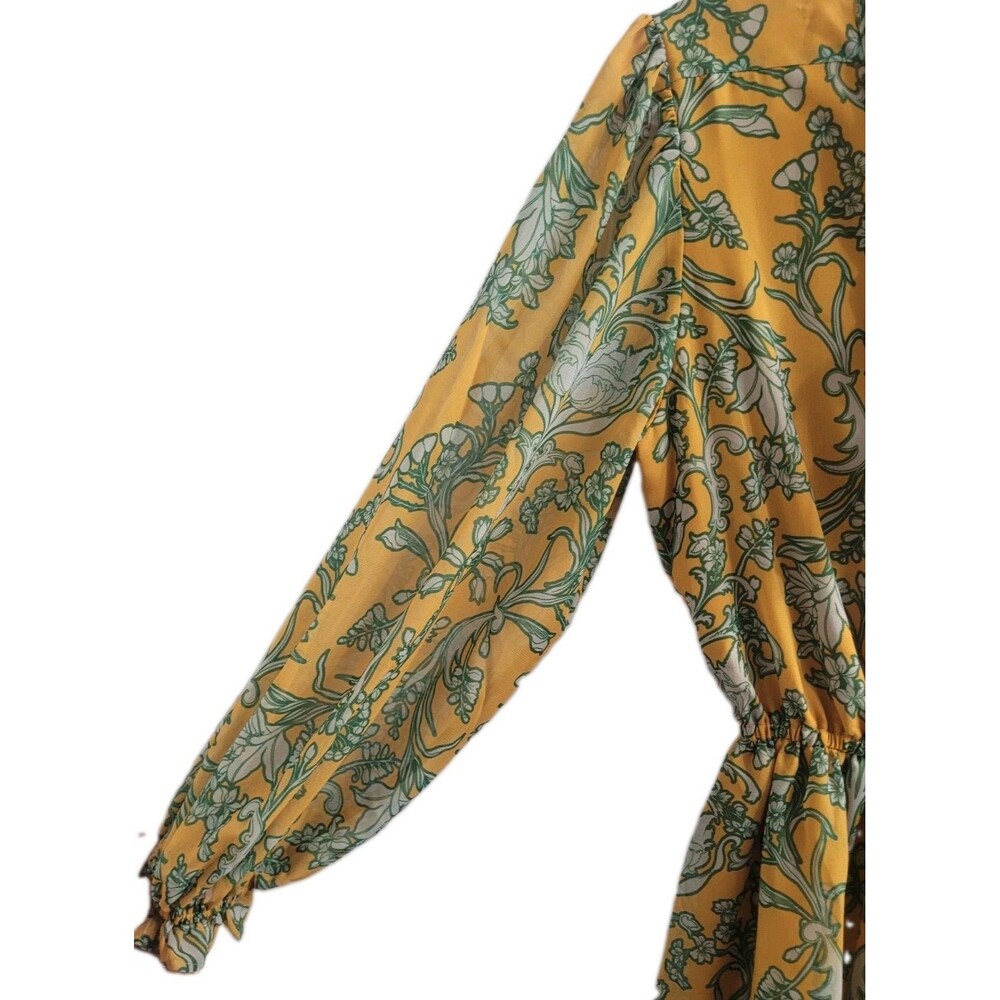 Hermoza Lee Collar Neck Dress M Saffron Floral Tie Neck Long Sleeve NWT $248 - Picture 7 of 11